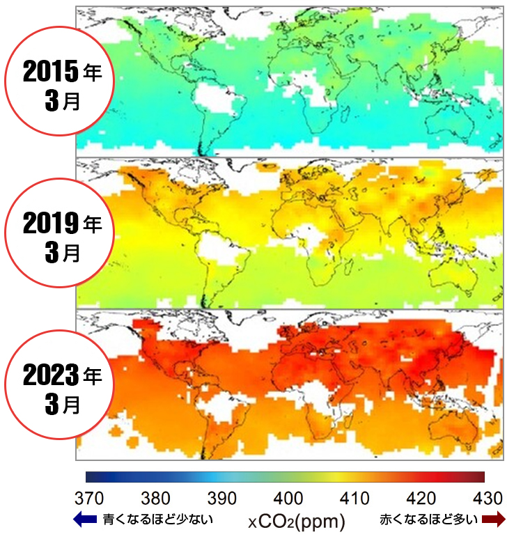 温室効果ガス観測技術衛星「いぶき」が観測した世界のCO2濃度の解説図